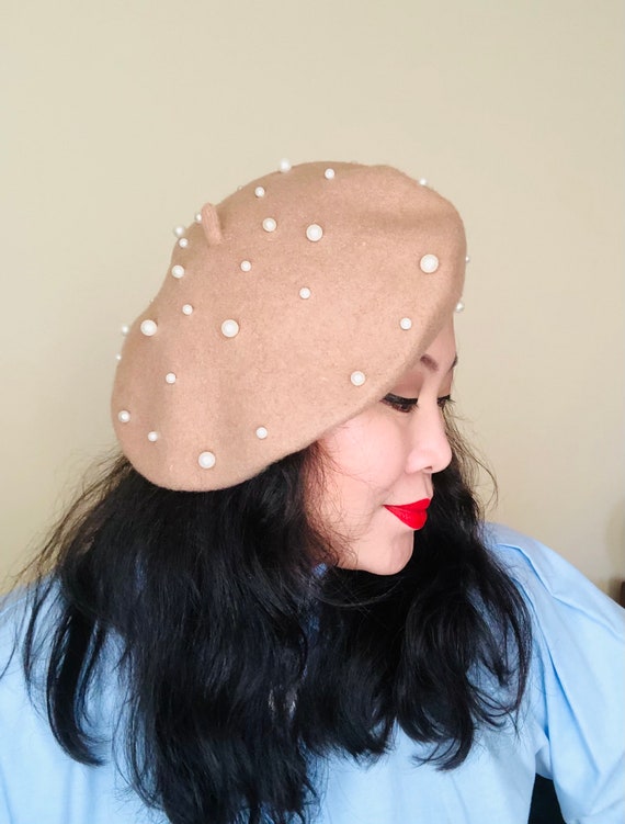 White Pearls Wool Beret Hat Beige Light 