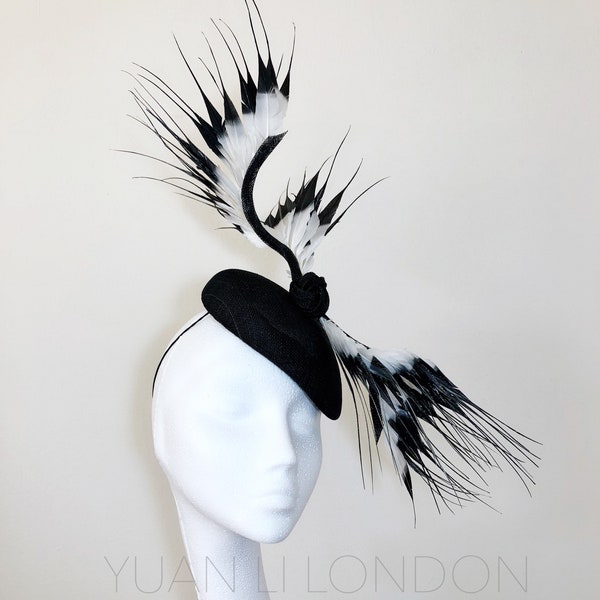 Eliza Black White Feathers Swirl Hat Royal Ascot Wedding Summer Sinamay Feather My Fair Lady HEAD Melbourne Cup Kentucky Race