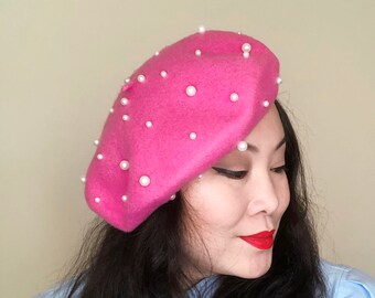 White Pearls Wool Beret Hat 