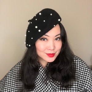 Women’s Classic French Wool Beret | Pearl & Rhinestone Embellished | Beanie Style Winter Hat For Casual Or Dressy Outfits