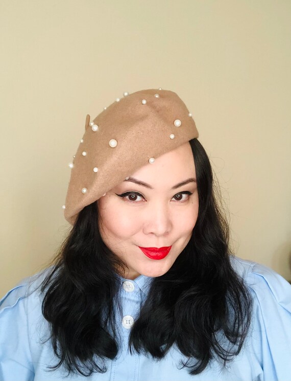 White Pearls Wool Beret Hat Beige Light 
