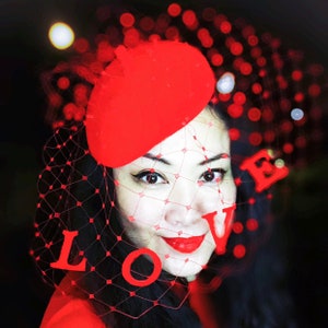 Free Gift Box Love Letters Slogan Veil Fascinator Red Heart Hat Rabbit Fur Felt Valentine's Day Wedding Christmas