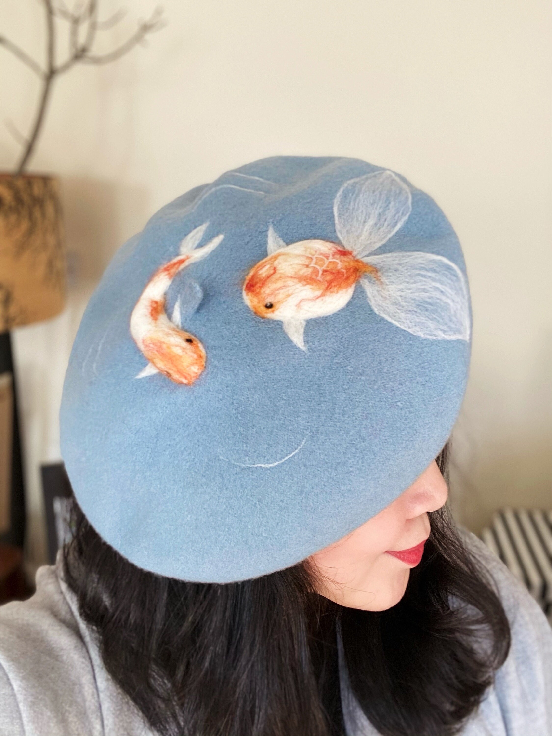 Koi Gold Fish Hand Felt Beret Pale Blue 