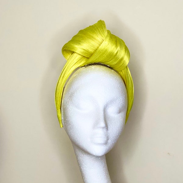 Ray of Sunshine Turban Bright Lemon Yellow Silk Abaca Headband Wedding Royal Ascot Summer Hat Sinamay Colour Derby Melbourne Cup Race Bridal