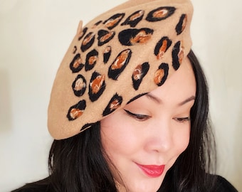 Super Chic Leopard Hand Felted Wool Beret Camel Brown Colour Blocking Handmade Knitted Hat Autumn Winter Christmas Gift Beanie Cap