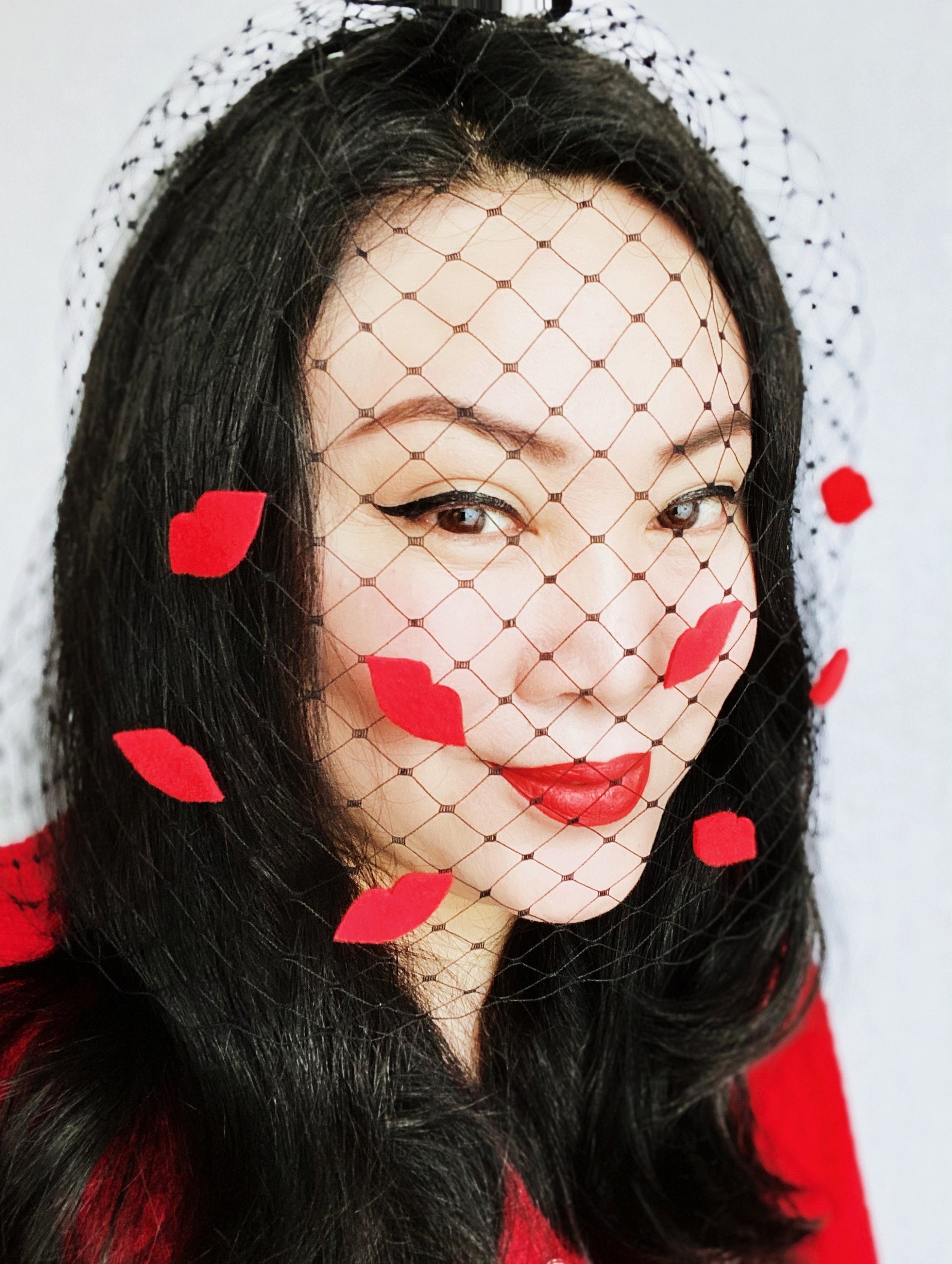 Red Lips Birdcage Veil Fascinator Love Kiss Hat Black Diamond Veil Felt