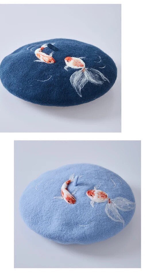 One of the Kind Koi Gold Fish Hand Felt Beret Pale Blue PRE | Etsy