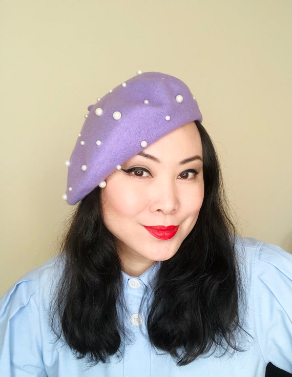 Lilac White Pearls Wool Beret Hat 