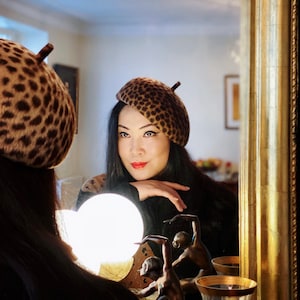 Leopard Print Rabbit Fur Felt Beret Made From Vintage Block Animal Print Hand Made Melazines Winter Hat by YUAN LI LONDON Millinery
