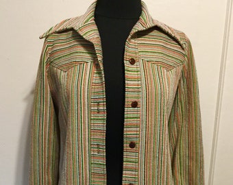 70s Woven Multicolored Striped Button up Shirt. Wide Collar. Large