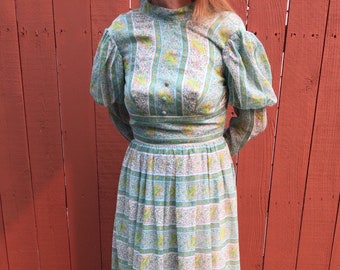 70s Handmade Peasant Prairie Maxi Dress XS Vintage Paisley blue green long sleeve high collar