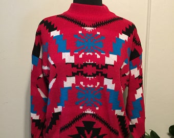 Vintage Ski Sweater Large Nordic Red White Blue Knit 80s The Cube