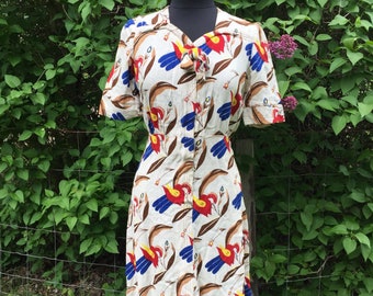50s Linen Dress Medium Abstract Handmade