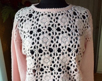 80s Crochet Knit Pink Sweater by Marnie West medium large pastel