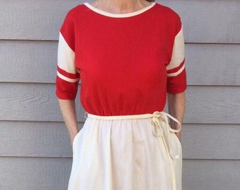 70s Red White 3/4 Sleeve Dress Small/Medium Toni Todd striped