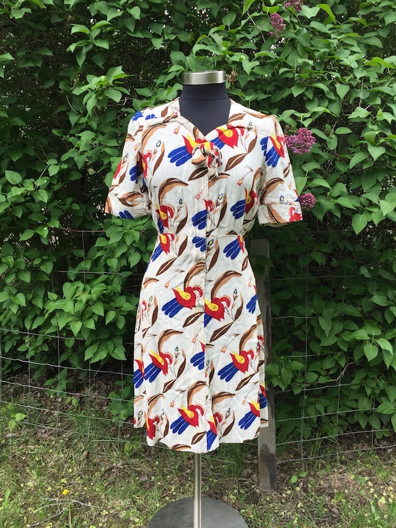50s Linen Dress Medium Abstract Handmade