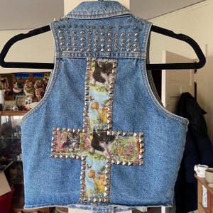 DIY Punk Kitten Denim Vest | Inverted Cat Cross | XS