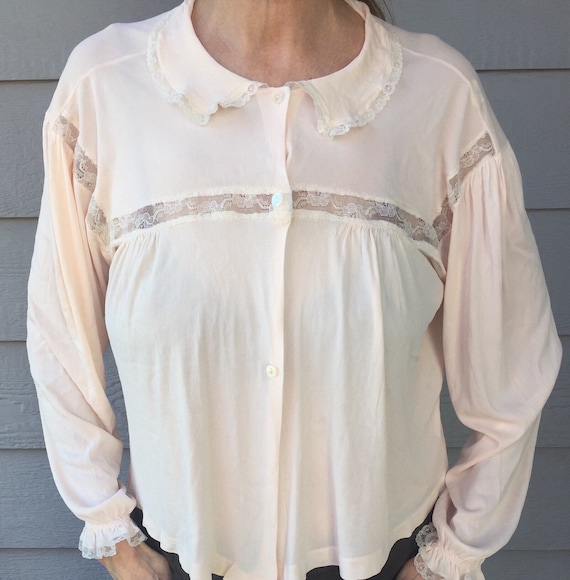 50s 60s Pink Blouse Nylon Lace Button Up Medium p… - image 1