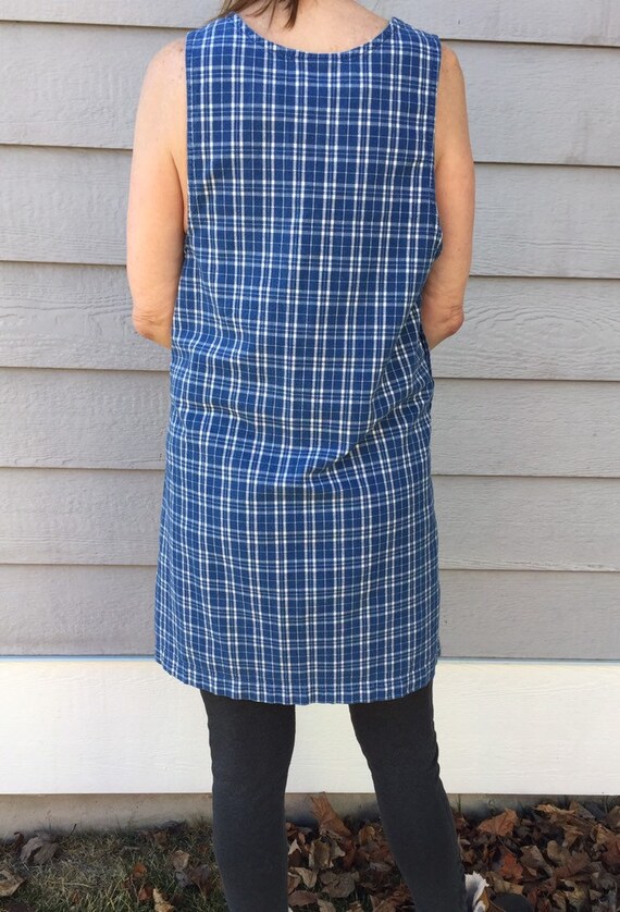 90s Blue Plaid Button Up Dress Medium Womens Pock… - image 2