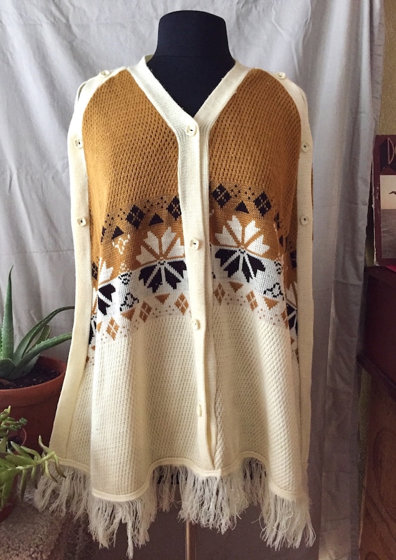 70s Knit Poncho Cape Fringe Nordic Cream Mustard … - image 1