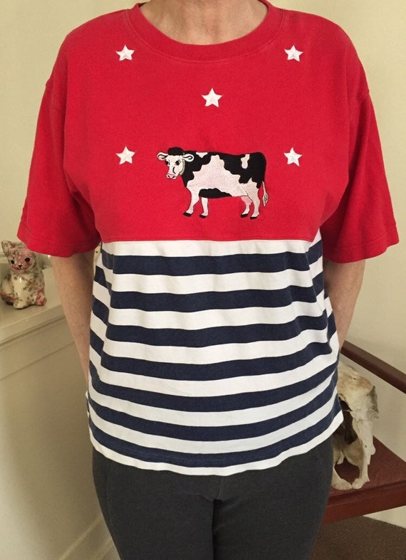 Vintage Cow Striped Shirt Medium 90s y2k black red