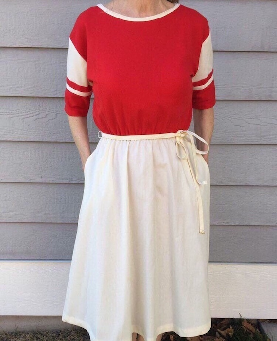 70s Red White 3/4 Sleeve Dress Small/Medium Toni … - image 1