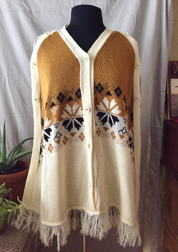 70s Knit Poncho Cape Fringe Nordic Cream Mustard Y