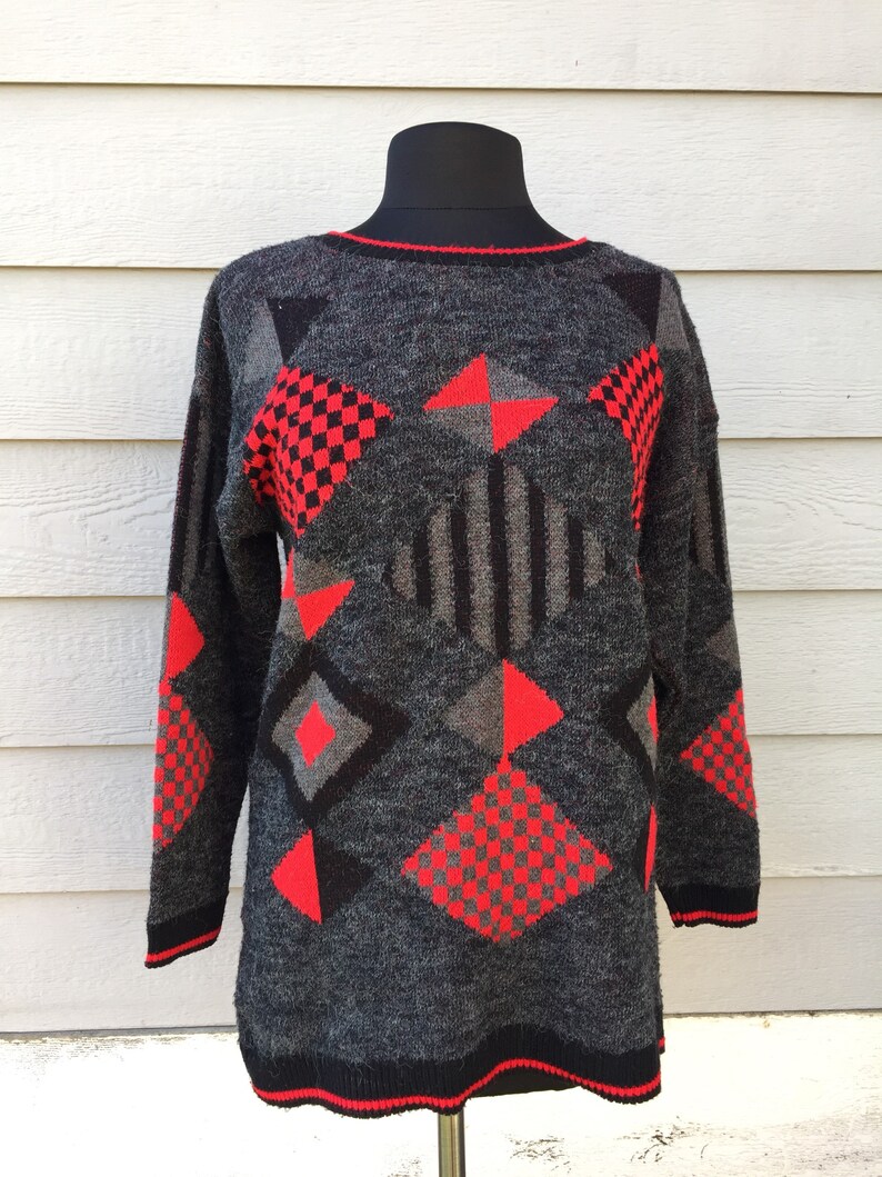 80s Geometric College Point Sweater Large Oversized Pullover