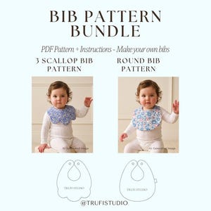 May include: A digital bundle titled BIB PATTERN BUNDLE containing PDF instructions for two baby bib styles. It features a 3 SCALLOP BIB PATTERN and a ROUND BIB PATTERN, each shown on a child, with line art diagrams labeled TRUFI STUDIO and @TRUFISTUDIO.