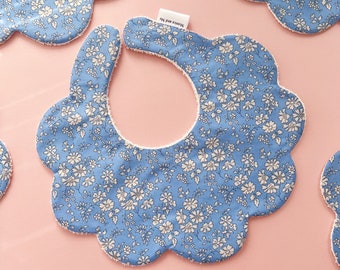 Blue and white Capel floral print Liberty scalloped dribble bib, scalloped bib, baby outfit bib, personalised gift baby shower new baby gift