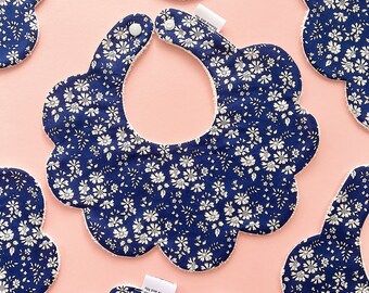 Navy Blue and white floral Capel print Liberty scalloped dribble bib, scalloped bib, baby outfit bib, personalised gift baby shower