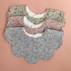 Liberty multipack set of 3 scalloped baby dribble bibs with optional magnetic white keepsake gift box, optional personalised drool bib