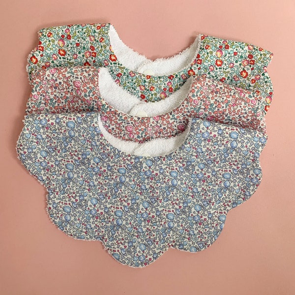 Liberty multipack set of 3 scalloped baby dribble bibs with optional magnetic white keepsake gift box, optional personalised drool bib