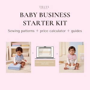 Può includere: Un kit di avvio per attività di prodotti per neonati TRUFI STUDIO, che include cartamodelli, un calcolatore di prezzi e guide. L'immagine mostra un computer portatile con un foglio di calcolo e due neonati che indossano bavaglini a fiori.