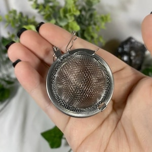 May include: A stainless steel tea infuser with a fine mesh basket and a hinged lid. The infuser has a small hook for hanging on the edge of a cup. The tea infuser is designed for steeping loose leaf tea.
