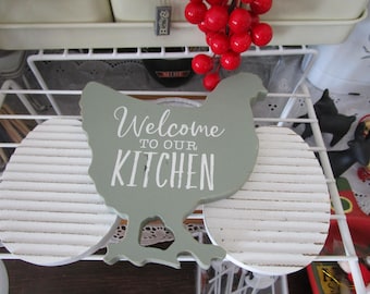 Vintage Wooden Chicken and 2 Eggs Welcome to Our Kitchen Sign