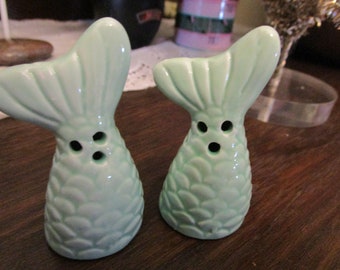 Vintage Mermaid Tails Salt and Pepper Shakers Light Green Plugs in the bottom