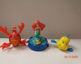 Vintage Lot of 3 Disney The Little Mermaid Toy Figures Ariel, Flounder and Sebastian wind up works