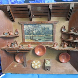 Vintage 3D Wood Picture of a room with clay pottery, picture on wall, table, shelves