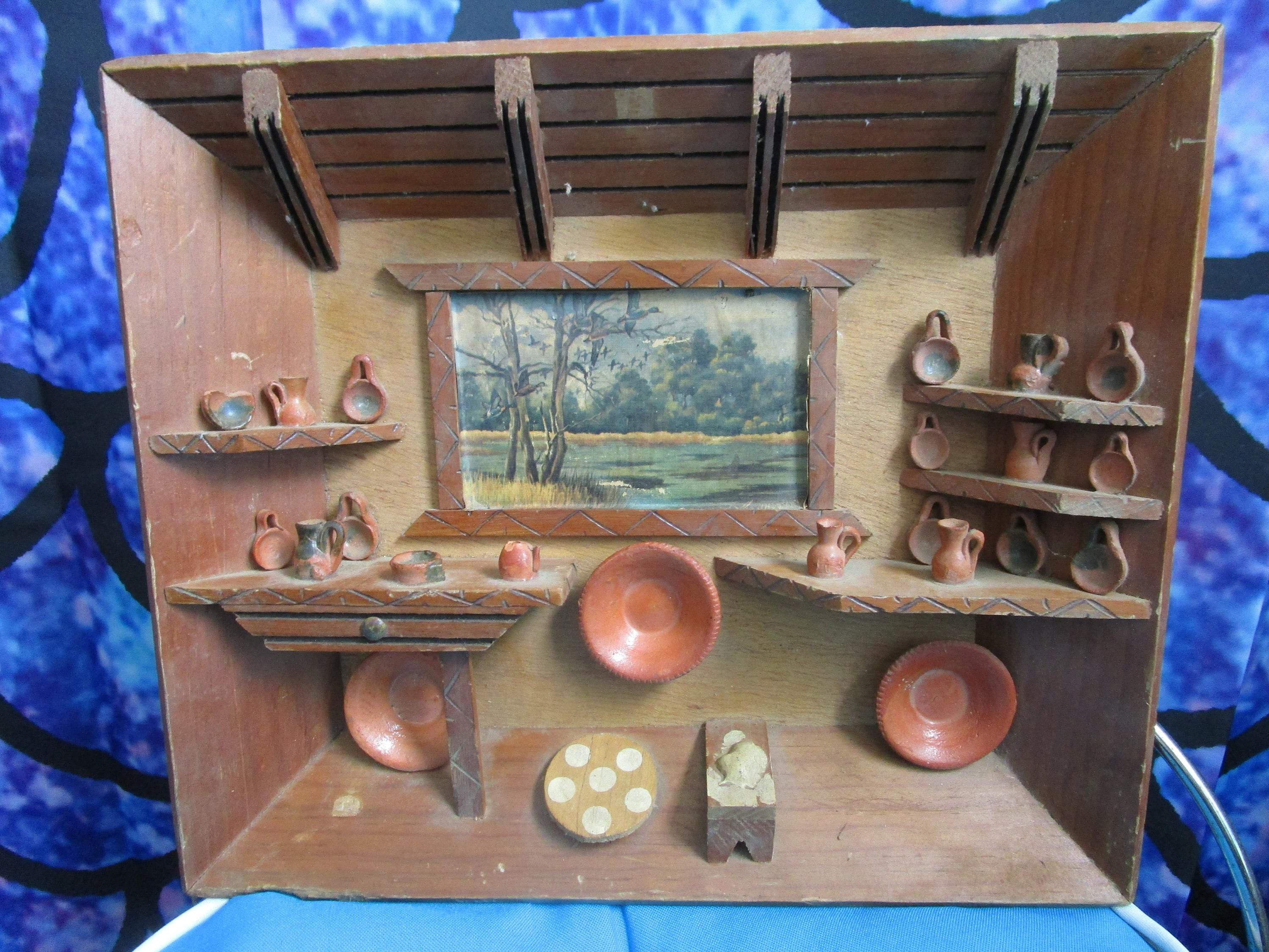 Vintage 3D Wood Picture of a Room With Clay Pottery, Picture on
