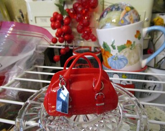 Hallmark Red Purse Ornament for Christmas Tree A Silver Metal tag says Shopping Diva Missing Ribbon