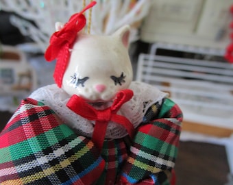 White Cat in a Cloth Dress Christmas Ornament Porcelain Face and Feet