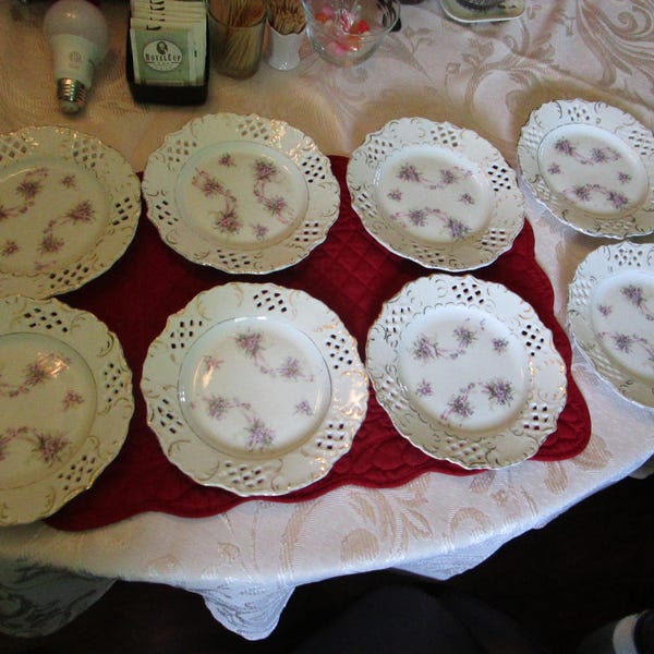 Vintage Lot of 8 Beautiful Sandwich Size Plates White with Purple Flowers Cut Out Around Edge