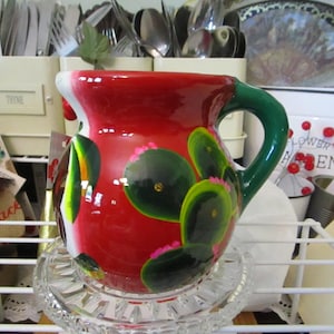 Vintage Spanish Style Pottery Mug with Cactus and a Large Flower on it Mexico Mexican