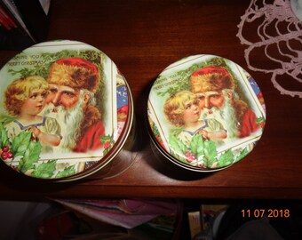 Vintage Lot of 2 Christmas Santa Round Tin Cans