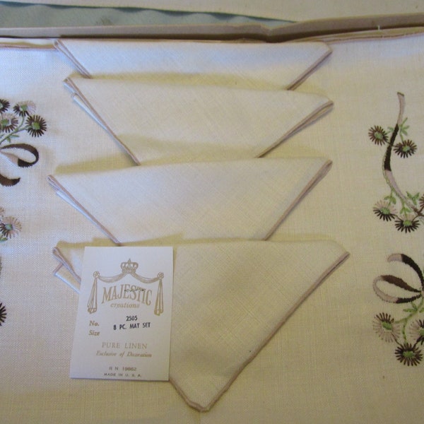 Mid Century Majestic Creations Pure Linen 8 Piece Placemat and Napkins Set still in box never used Beige Brown Green