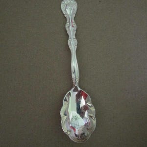 May include: A silver spoon with an ornate handle and a scalloped bowl. The handle features detailed floral and scrollwork designs. The spoon's surface reflects the surrounding environment, creating a mirrored effect. The spoon is likely for serving.