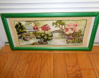 Vintage Lovely Picture Yarn Needlepoint Crewel Green wooden frame