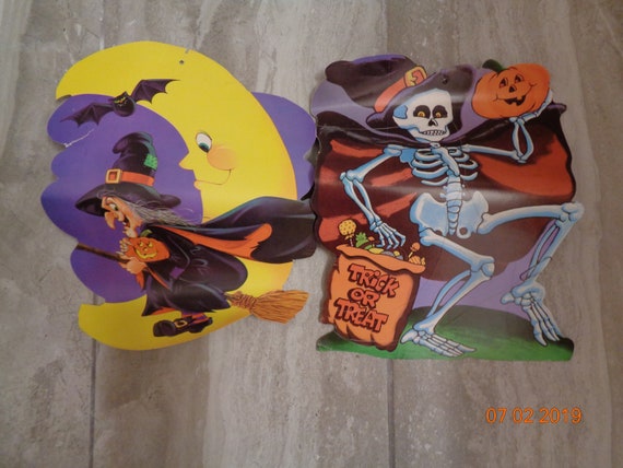 2 Vintage Eureka Halloween Cardboard Decorations Flying Witch On Broom And Skeleton