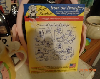 Sealed Pkg Aunt Martha's Colonial Girl and Puppy Iron on  Transfers